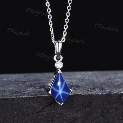 Unique Kite Cut Starry Star Sapphire Necklace Sterling Silver Charm Necklace Lindy Star Blue Bridal Necklace Jewelry Birthday Gift for Women