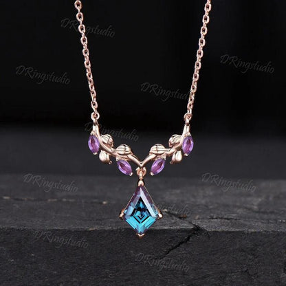 Nature Inspired Kite Cut Alexandrite Necklace 14k Rose Gold Leaf Vine Moonstone Necklace Twig Branch Alexandrite Wedding Pendant for Women