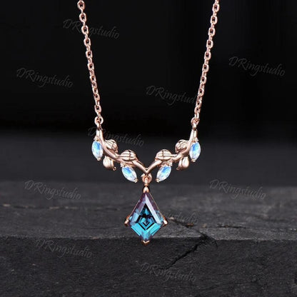 Nature Inspired Kite Cut Alexandrite Necklace 14k Rose Gold Leaf Vine Moonstone Necklace Twig Branch Alexandrite Wedding Pendant for Women