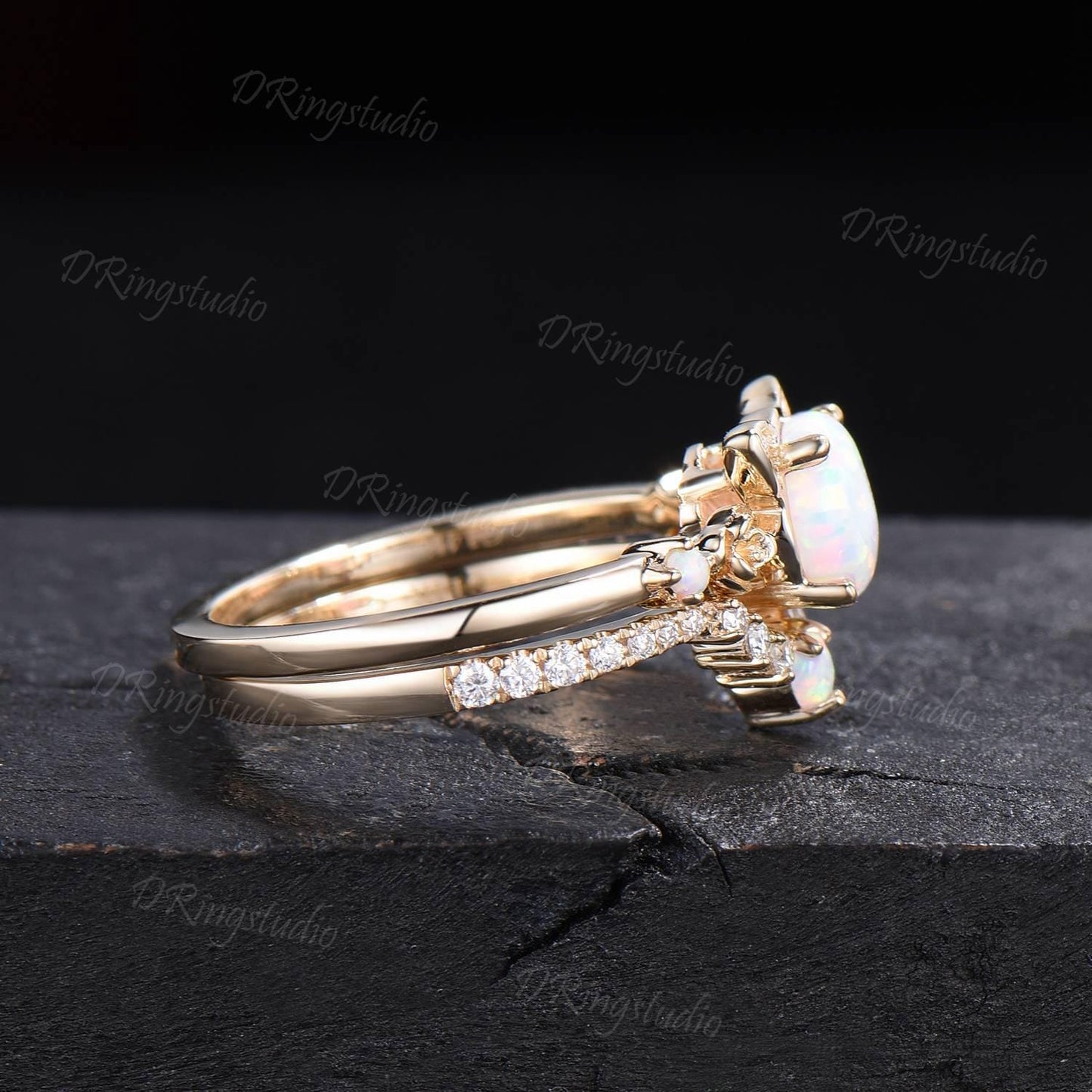 Dainty 14k Yellow Gold Cat Wedding Ring Kitten 1ct Round White Opal Engagament Ring Unique Fire Opal Flower Wedding Ring Gift For Daughter