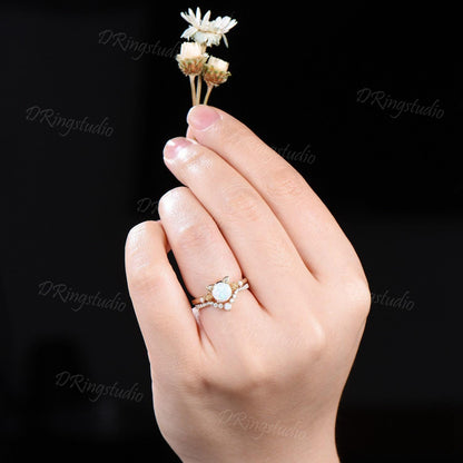 Dainty 14k Yellow Gold Cat Wedding Ring Kitten 1ct Round White Opal Engagament Ring Unique Fire Opal Flower Wedding Ring Gift For Daughter