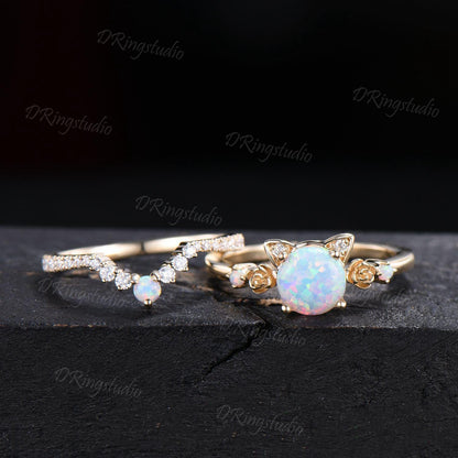 Dainty 14k Yellow Gold Cat Wedding Ring Kitten 1ct Round White Opal Engagament Ring Unique Fire Opal Flower Wedding Ring Gift For Daughter