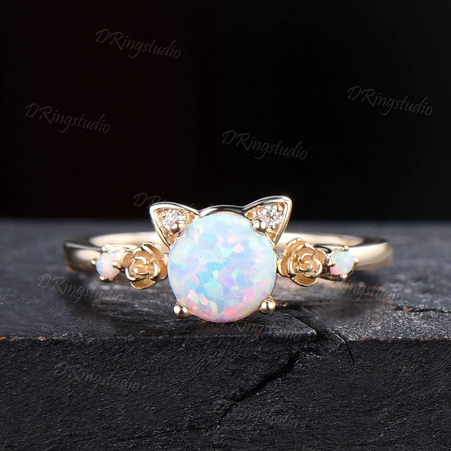 Dainty 14k Yellow Gold Cat Wedding Ring Kitten 1ct Round White Opal Engagament Ring Unique Fire Opal Flower Wedding Ring Gift For Daughter