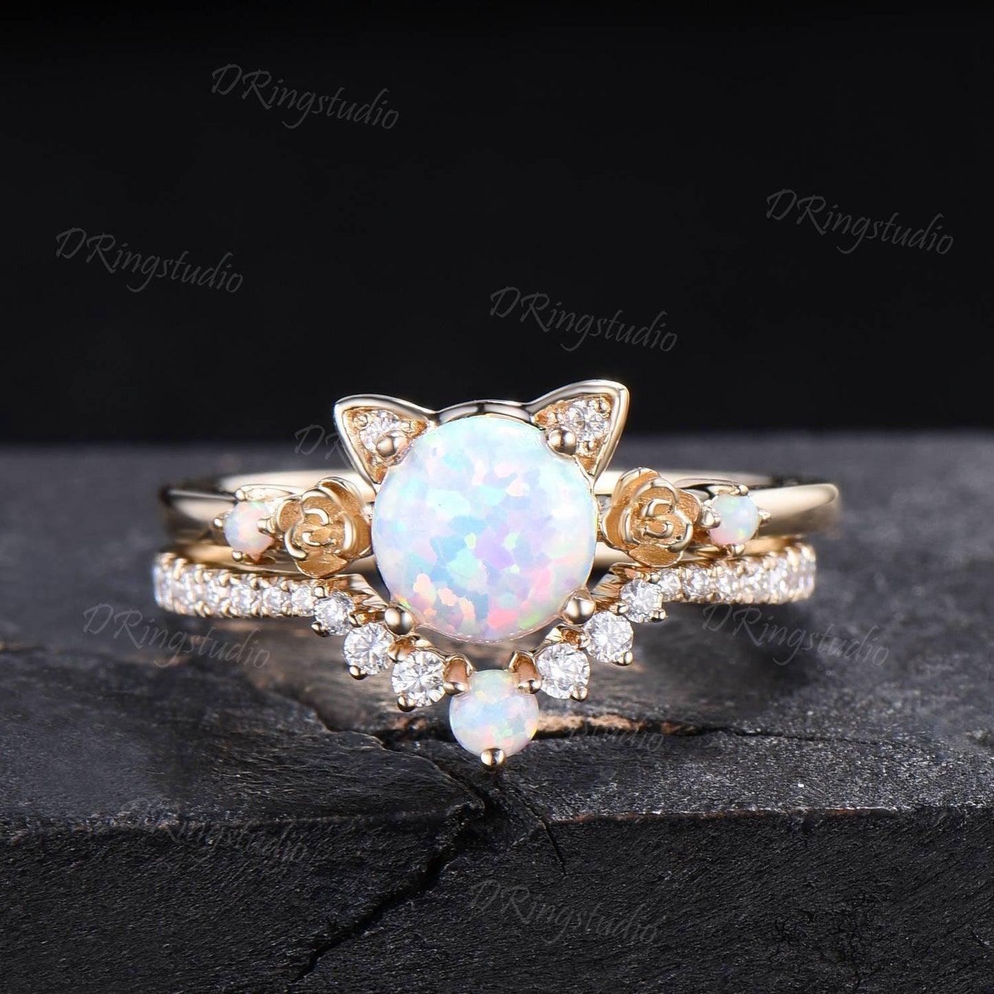 Dainty 14k Yellow Gold Cat Wedding Ring Kitten 1ct Round White Opal Engagament Ring Unique Fire Opal Flower Wedding Ring Gift For Daughter