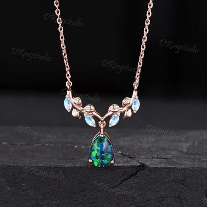 Unique Teardrop Black Opal Necklace 14k Rose Gold Leaf Vine Pendant Necklace Twig Branch Black Fire Opal Anniversary Necklace Women Jewelry