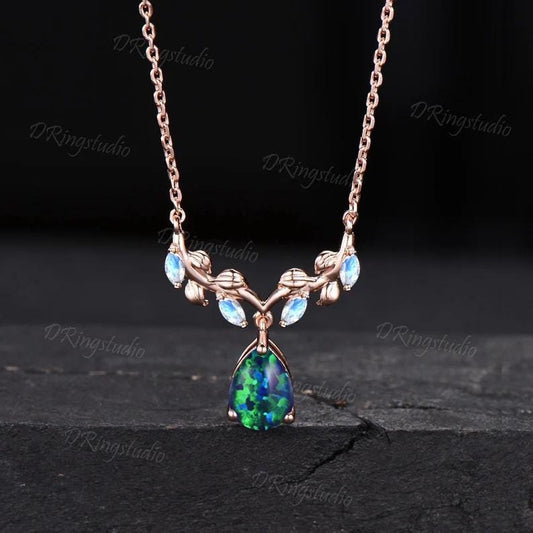 Unique Teardrop Black Opal Necklace 14k Rose Gold Leaf Vine Pendant Necklace Twig Branch Black Fire Opal Anniversary Necklace Women Jewelry