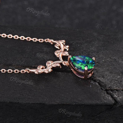 Unique Teardrop Black Opal Necklace 14k Rose Gold Leaf Vine Pendant Necklace Twig Branch Black Fire Opal Anniversary Necklace Women Jewelry