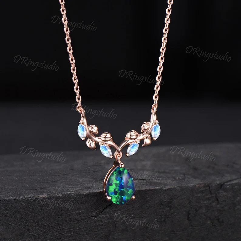 Unique Teardrop Black Opal Necklace 14k Rose Gold Leaf Vine Pendant Necklace Twig Branch Black Fire Opal Anniversary Necklace Women Jewelry