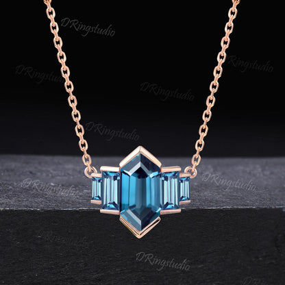 Unique Bezel Set London Blue Topaz Necklace Cluster Baguette Blue Topaz Charm Pendant 14k Rose Gold December Birthstone Necklace Women Gift