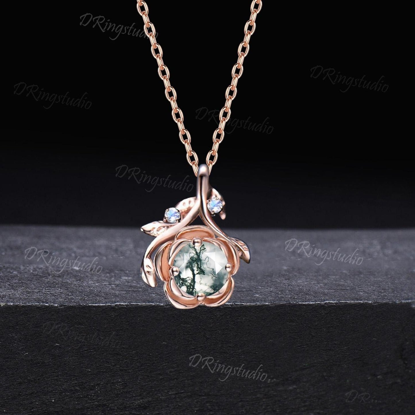 14K Rose Gold Round Natural Moss Agate Necklace Nature Inspired Twig Leaf Green Moss Pendant NecklaceFloral Wedding Necklace Gift for Women