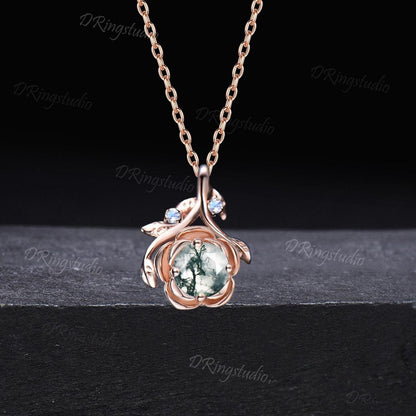 14K Rose Gold Round Natural Moss Agate Necklace Nature Inspired Twig Leaf Green Moss Pendant NecklaceFloral Wedding Necklace Gift for Women