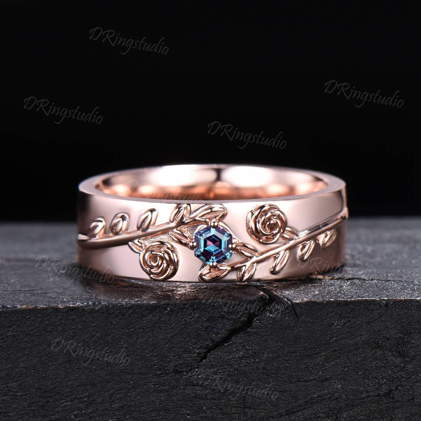 6mm Rose Gold Mens Wedding Band 3mm Hexagon Cut Alexandrite Engagement Band Nature Inspired Vine Leaf Wedding Band For Men Anniversary Gift