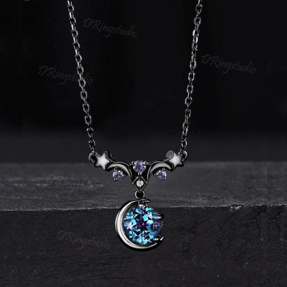 Black Moon Color-Change Alexandrite Necklace Gothic 14k Black Gold Moon Star Charm Necklace June Birthstone Pendant Unique Anniversary Gift