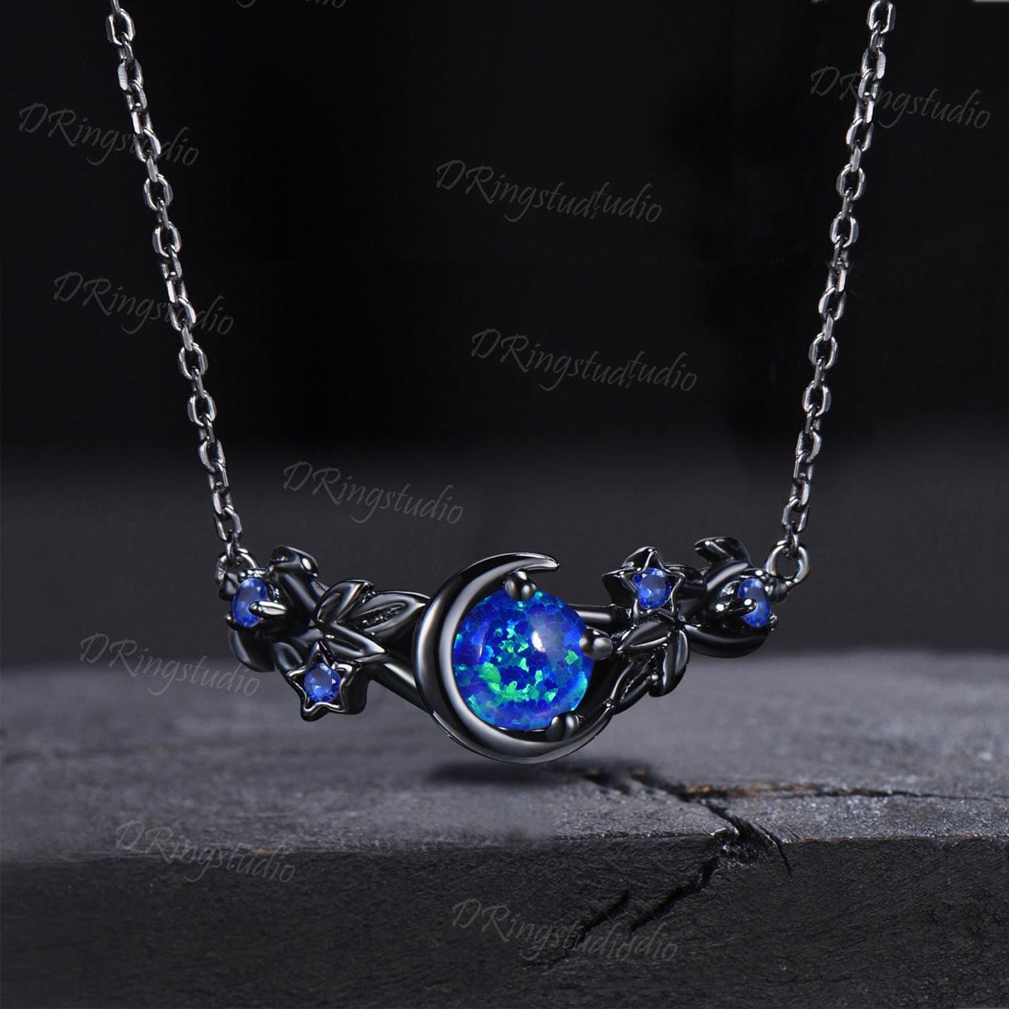 Unique Moon Star Design Blue Opal Pendant Necklace Gothic Black Gold Round Blue Sapphire Necklace Leaf Vine Moonstone Pendant Bridal Gift