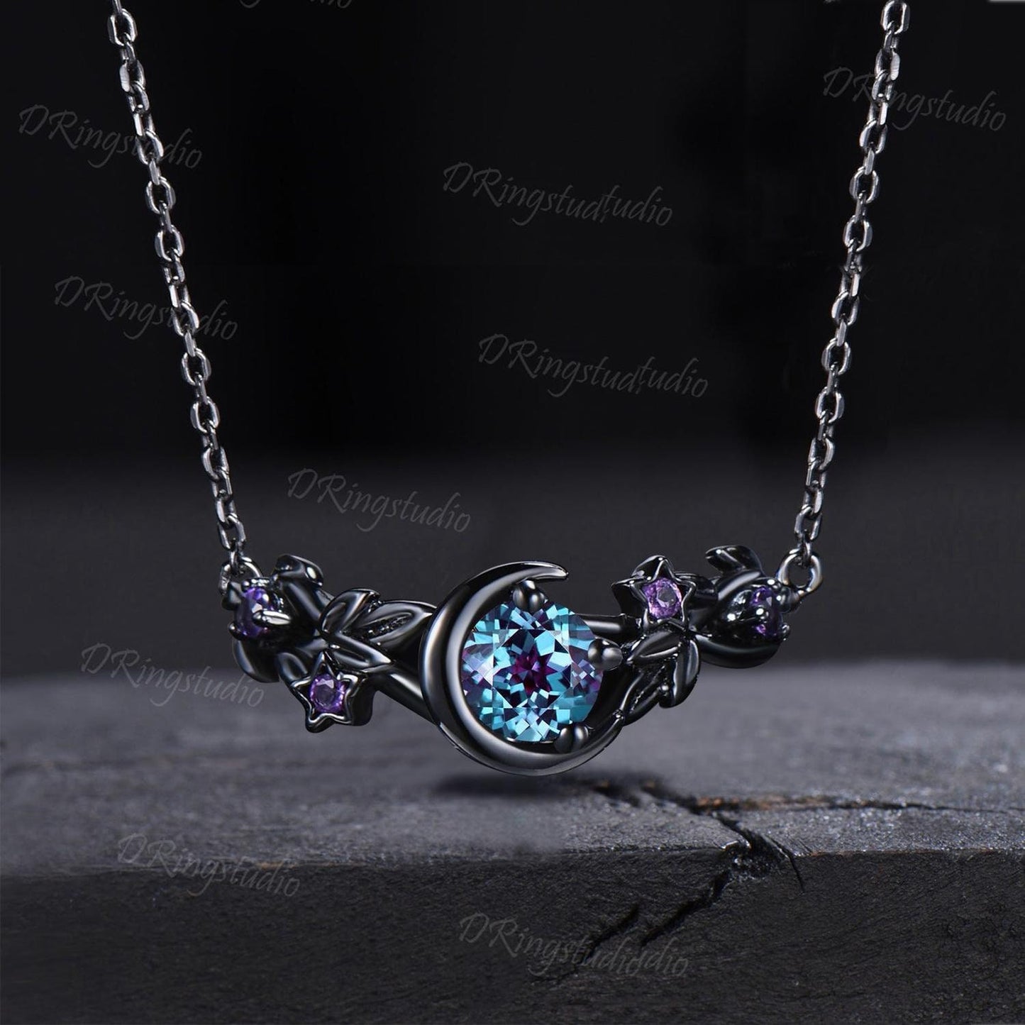 Black Gold Moon Star Necklace Gothic Black Leaf Vine Alexandrite Charm Necklace Amethyst Bridal Pendant Black Witchy Jewelry Proposal Gift