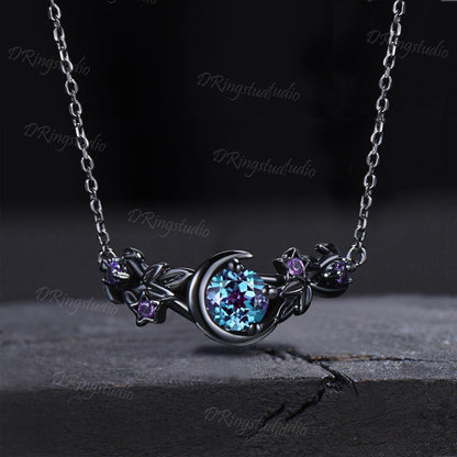 Black Gold Moon Star Necklace Gothic Black Leaf Vine Alexandrite Charm Necklace Amethyst Bridal Pendant Black Witchy Jewelry Proposal Gift