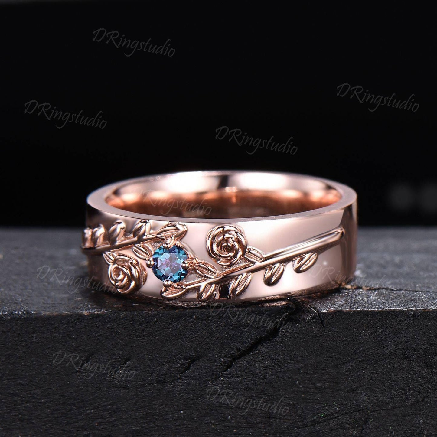 Leaf Branch Round Alexandrite Wedding Band 14K Rose Gold Floral Wedding Ring 6mm Wedding Band Nature Inspired Engagement Ring Proposal Gift