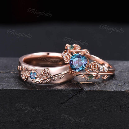 2pcs Leaf Couples Ring Set For Men and Women Nature Inspired Round Alexandrite Wedding Rings Set 14k Solid Gold Floral Engagement Ring Gift