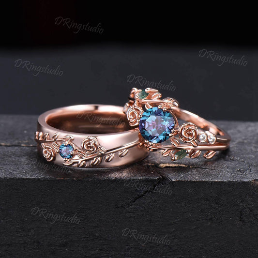 2pcs Leaf Couples Ring Set For Men and Women Nature Inspired Round Alexandrite Wedding Rings Set 14k Solid Gold Floral Engagement Ring Gift