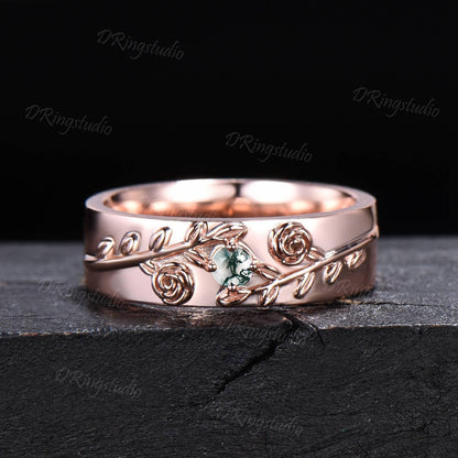 2pcs Nature Inspired Couple Rings Set 14k Rose Gold Moss Agate Wedding Ring For Men and Women Branch Leaf Vine Matching Ring Set for Couples