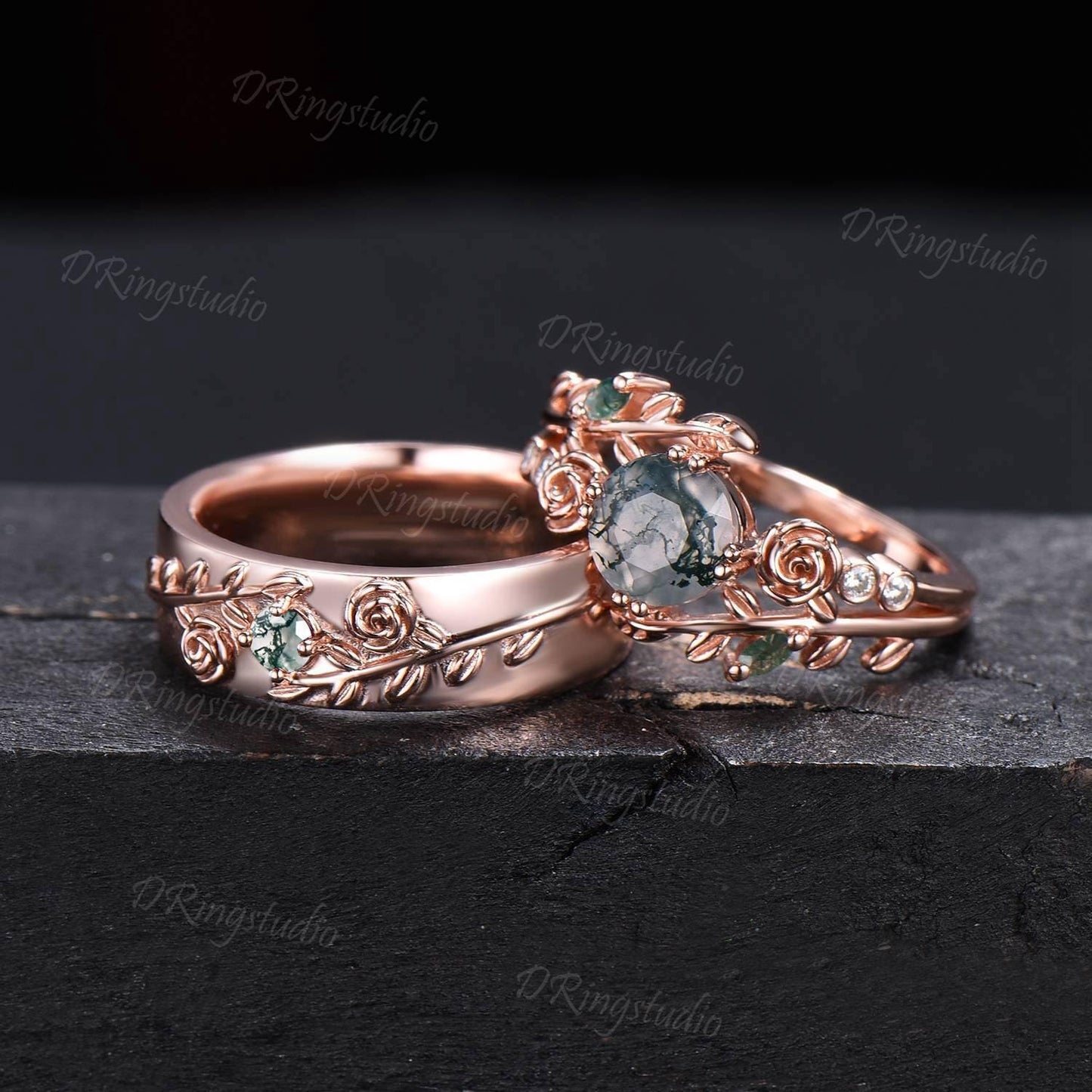 2pcs Nature Inspired Couple Rings Set 14k Rose Gold Moss Agate Wedding Ring For Men and Women Branch Leaf Vine Matching Ring Set for Couples