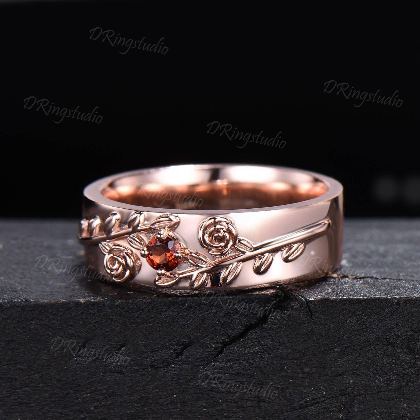 2pcs Round Red Ruby Promise Couple Rings Set 14k Rose Gold Leaf Branch His and Hers Wedding Band Nature Inspired Matching Ring Proposal Gift