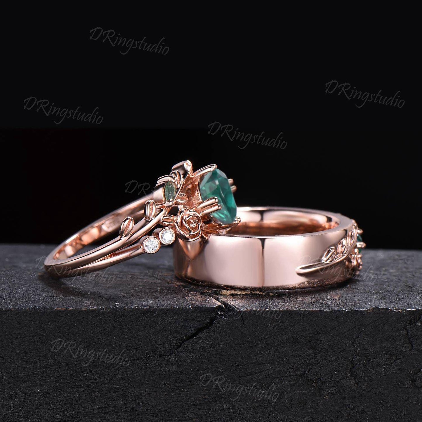 2pcs Branch Leaf Couple Rings Set For Men and Women Flower Green Emerald Wedding Ring Set Matching Promise Rings for Couples Proposal Gift