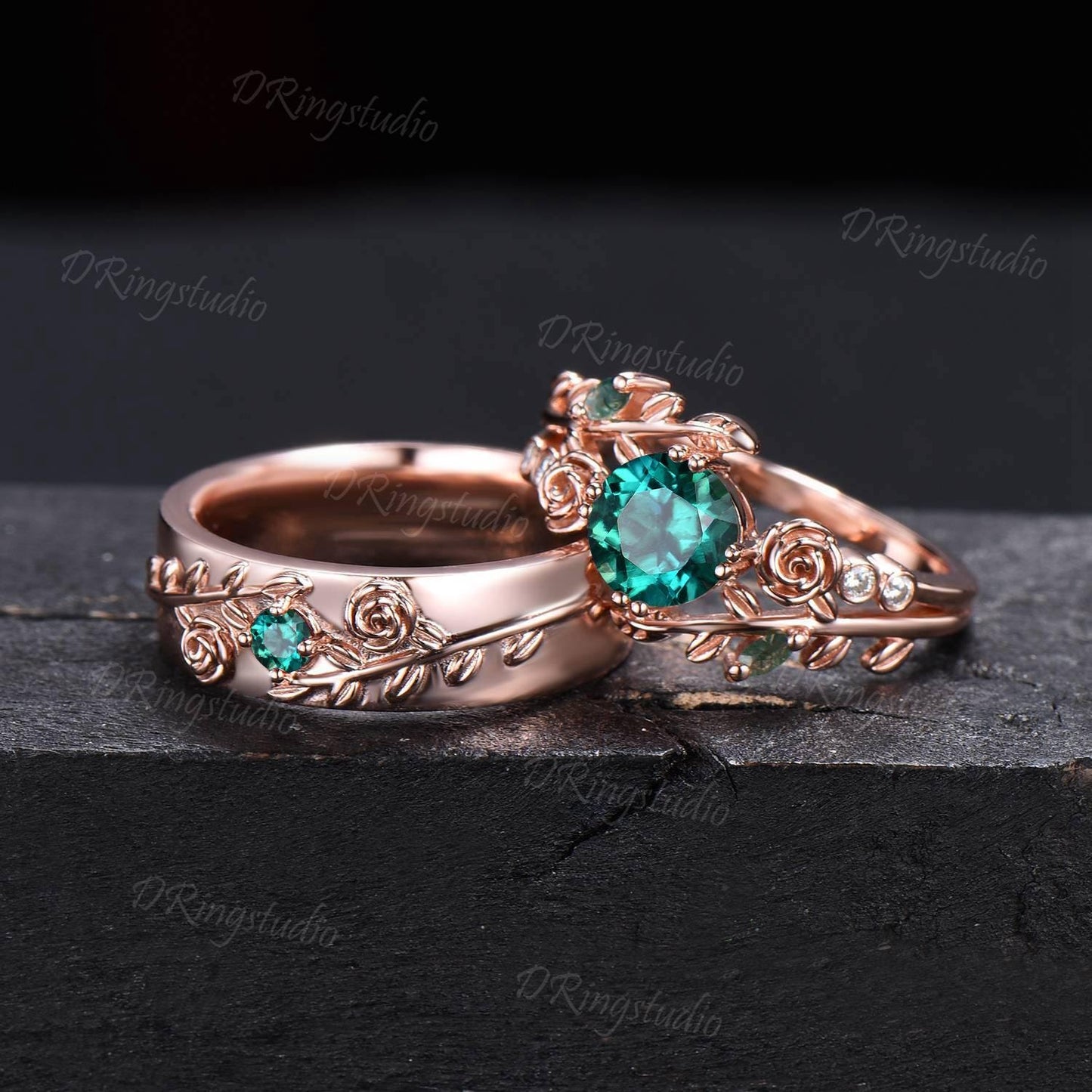 2pcs Branch Leaf Couple Rings Set For Men and Women Flower Green Emerald Wedding Ring Set Matching Promise Rings for Couples Proposal Gift