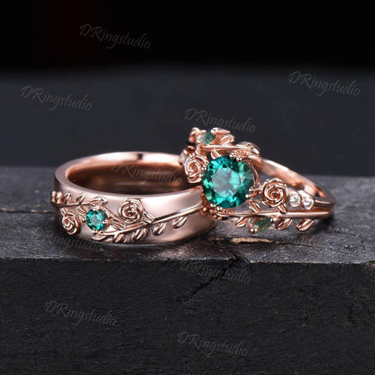 2pcs Branch Leaf Couple Rings Set For Men and Women Flower Green Emerald Wedding Ring Set Matching Promise Rings for Couples Proposal Gift