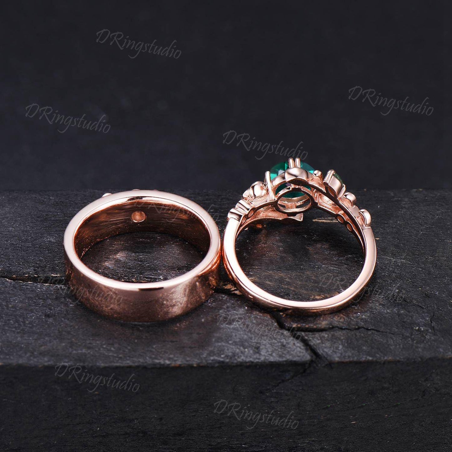 2pcs Branch Leaf Couple Rings Set For Men and Women Flower Green Emerald Wedding Ring Set Matching Promise Rings for Couples Proposal Gift