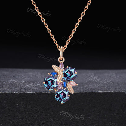 Art Deco Leaf Design Alexandrite Amethyst Necklace Hexagon Cut Alexandrite Charm Necklace 14K Rose Gold Nature Inspired Pendent Promise Gift