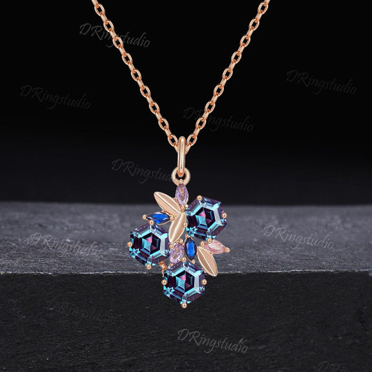 Art Deco Leaf Design Alexandrite Amethyst Necklace Hexagon Cut Alexandrite Charm Necklace 14K Rose Gold Nature Inspired Pendent Promise Gift