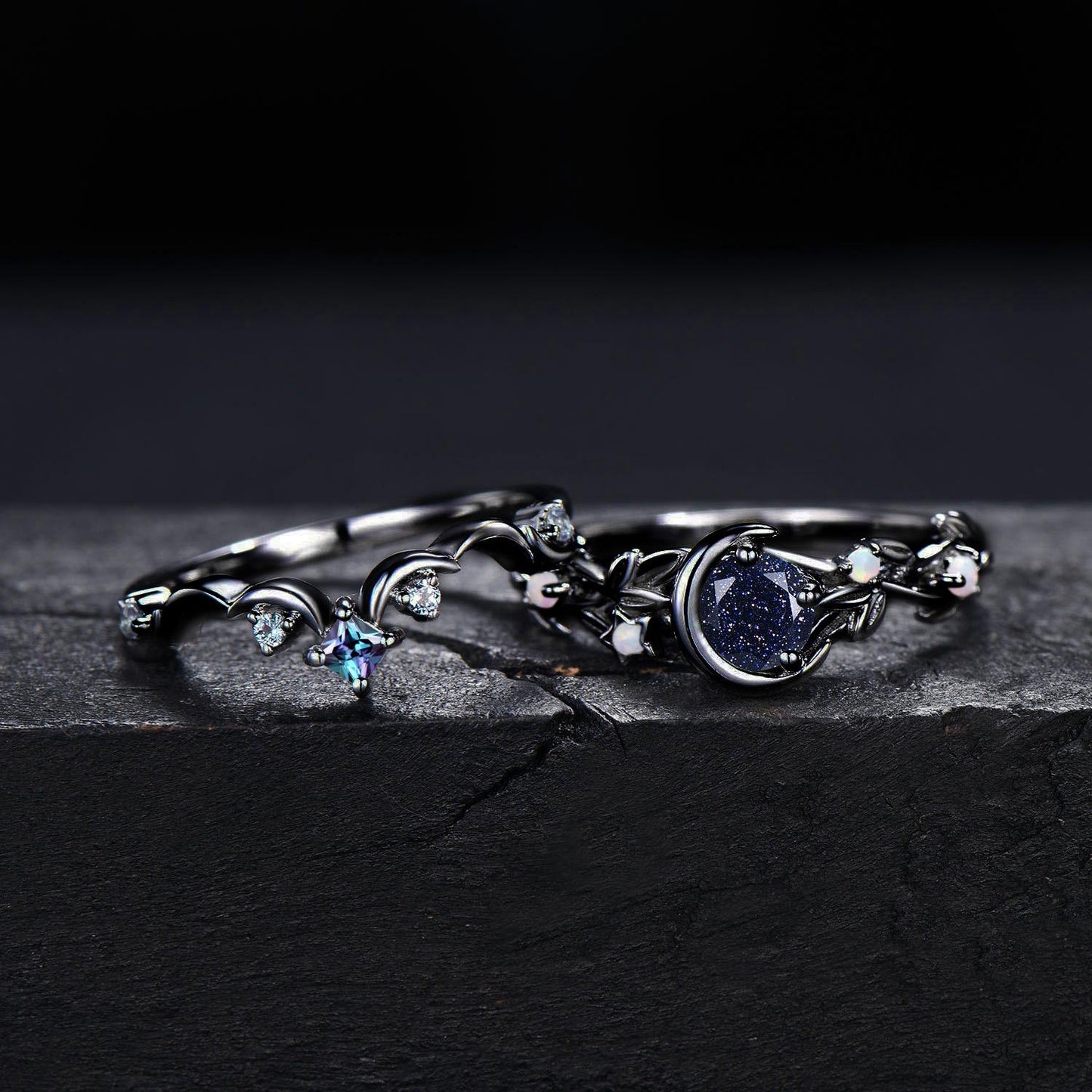 Gothic Starry Blue Sandstone Engagement Ring Set Moon Star Alexandrite Ring 14k Black Gold Twig Leaf Vine Amethyst Wedding Ring Promise Gift