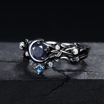 Gothic Starry Blue Sandstone Engagement Ring Set Moon Star Alexandrite Ring 14k Black Gold Twig Leaf Vine Amethyst Wedding Ring Promise Gift