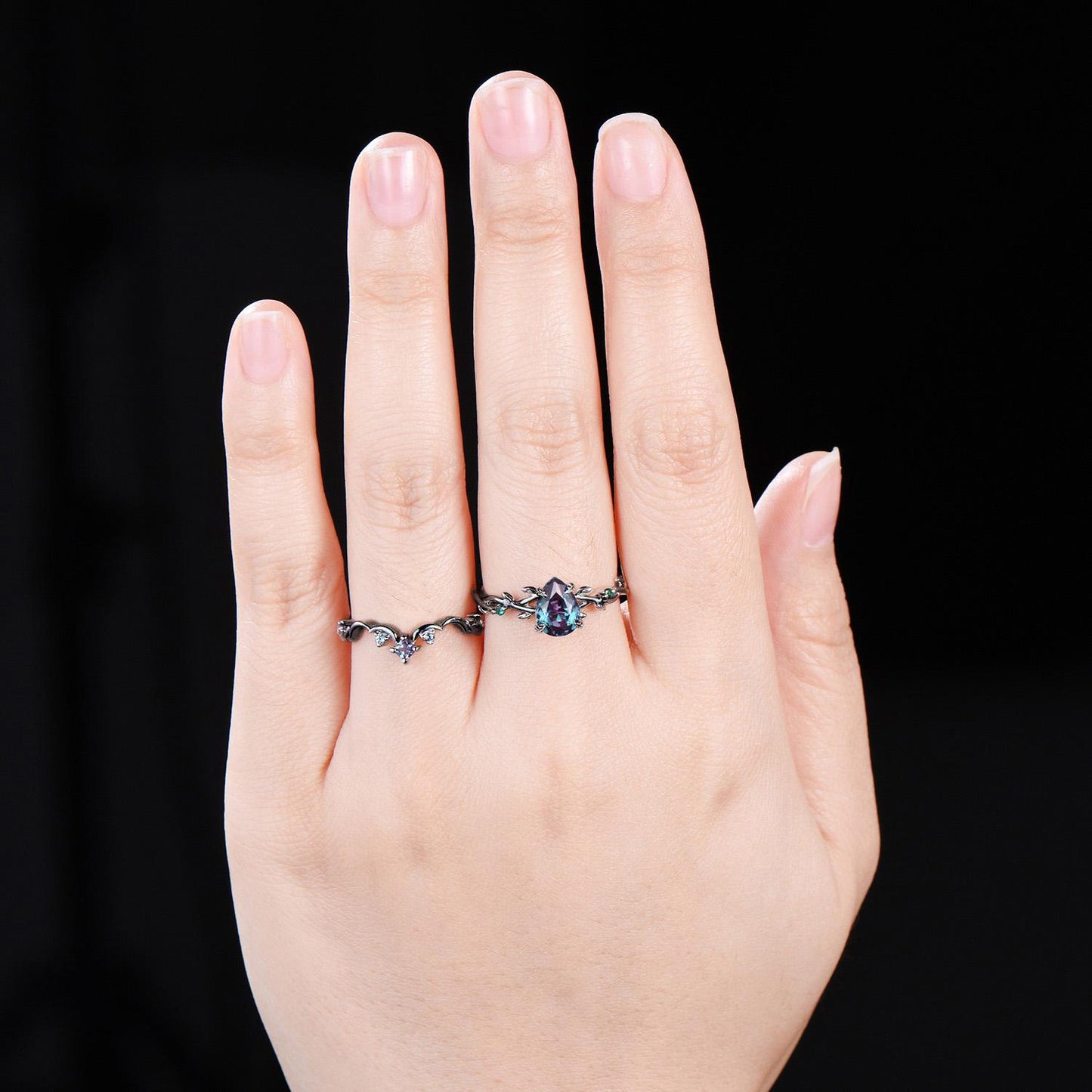 Black Gold Alexandrite Engagement Ring Gothic Black Twig Vine June Birthstone Ring Celestial Moon Wedding Ring Pear Shaped Bridal Ring Set