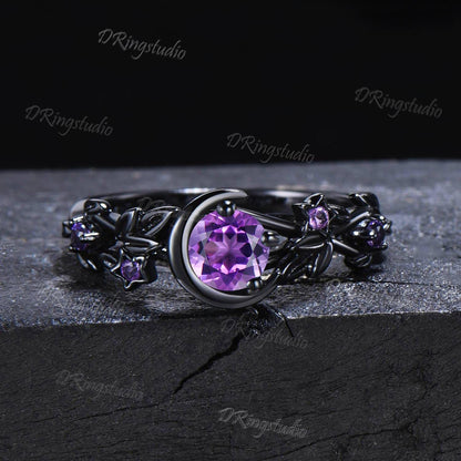 Moon Star Natural Amethyst Engagement Ring Gothic Black Gold Alexandrite Wedding Ring Black Leaf Branch Purple Crystal Ring Proposal Gift