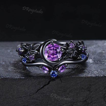 Moon Star Natural Amethyst Engagement Ring Gothic Black Gold Alexandrite Wedding Ring Black Leaf Branch Purple Crystal Ring Proposal Gift