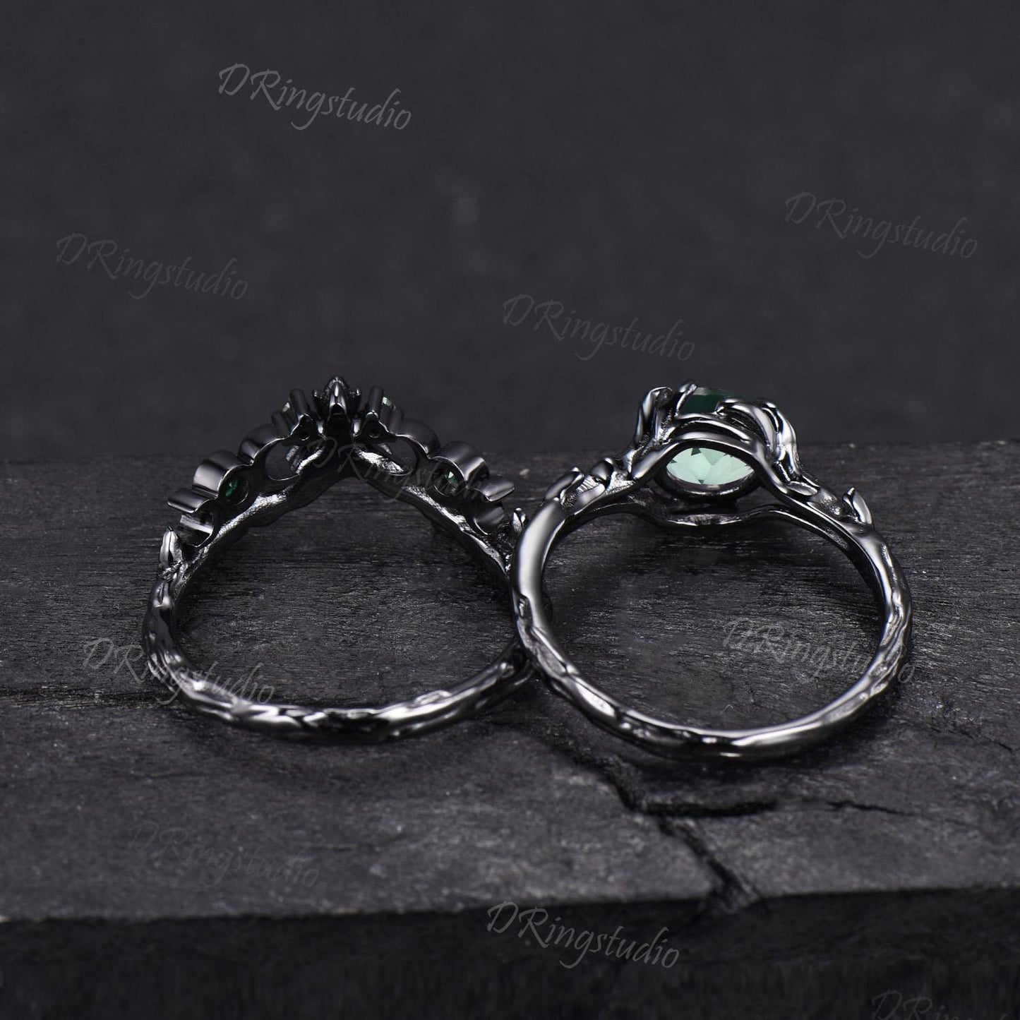 Gothic Black Round Green Sapphire Engagement Ring Set Black Gold Branch Leaf Wedding Ring Nature Inspired Green Emerald Bridal Ring Set Gift