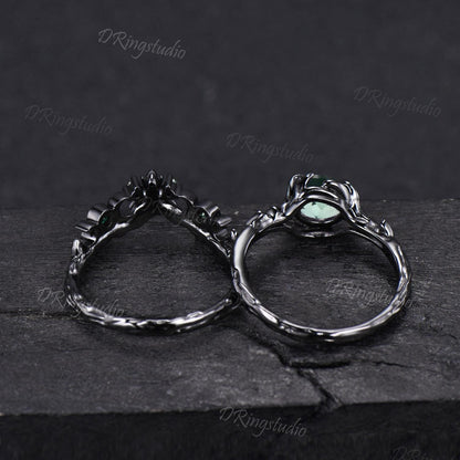 Gothic Black Round Green Sapphire Engagement Ring Set Black Gold Branch Leaf Wedding Ring Nature Inspired Green Emerald Bridal Ring Set Gift