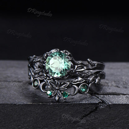 Gothic Black Round Green Sapphire Engagement Ring Set Black Gold Branch Leaf Wedding Ring Nature Inspired Green Emerald Bridal Ring Set Gift