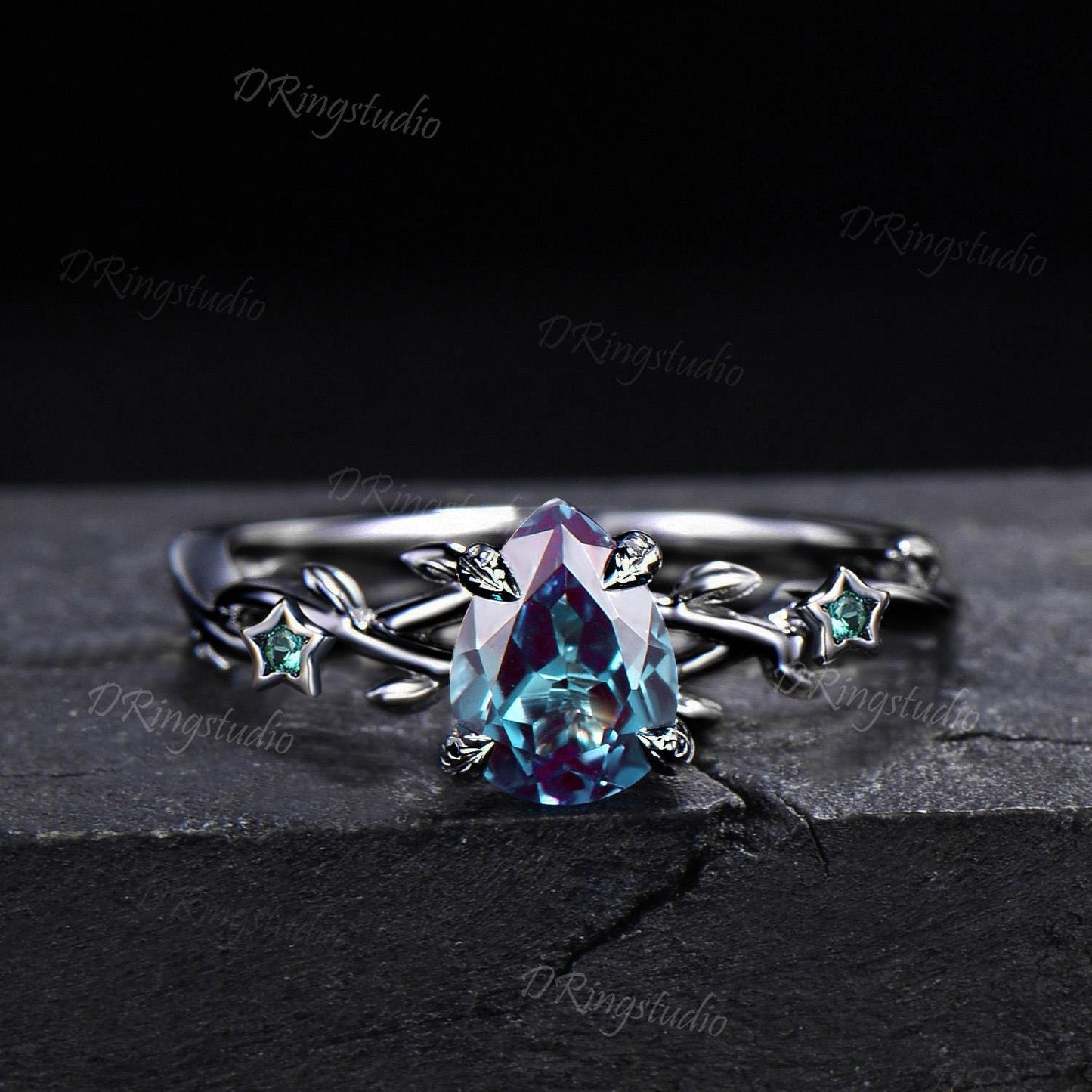 Gothic Black Moon Star Pear Shaped Alexandrite Engagement Ring 10k Black Gold Twig Leaf Vine Alexandrite Wedding Ring Set Anniversary Gift