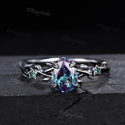 Gothic Black Moon Star Pear Shaped Alexandrite Engagement Ring 10k Black Gold Twig Leaf Vine Alexandrite Wedding Ring Set Anniversary Gift