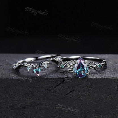 Gothic Black Moon Star Pear Shaped Alexandrite Engagement Ring 10k Black Gold Twig Leaf Vine Alexandrite Wedding Ring Set Anniversary Gift