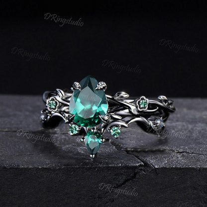 Black Gold Twig Vine Ring Nature Inspired Pear Shaped Green Emerald Engagement Ring Set Gothic Black Floral Wedding Ring May Birthstone Gift