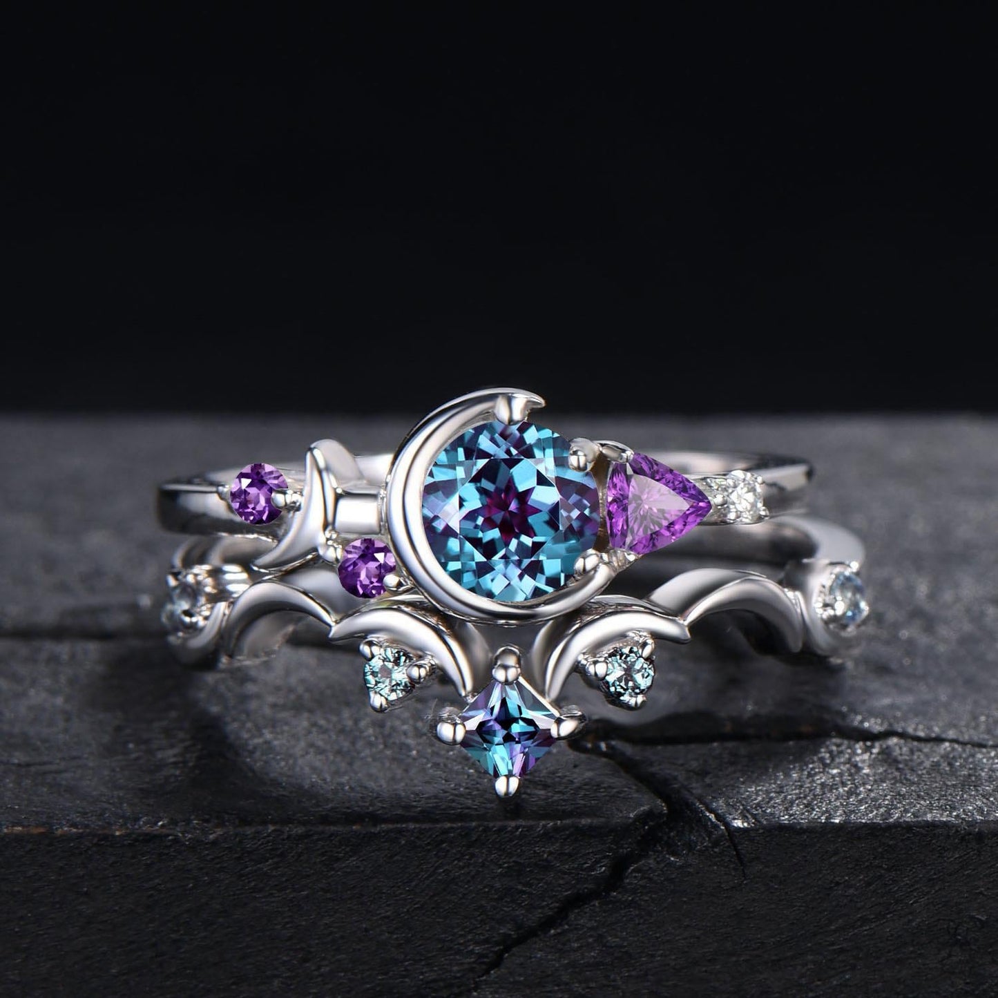 Unique Moon Engagement Ring Sterling Silver Round Alexandrite Amethyst Ring Set Celestial Moon Wedding Ring June Birthstone Ring Women Gift