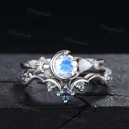 Celestial Moon Rainbow Moonstone Engagement Ring Set 14K White Gold Round Natural Moonstone Bridal Set Cluster Opal Alexandrite Wedding Ring