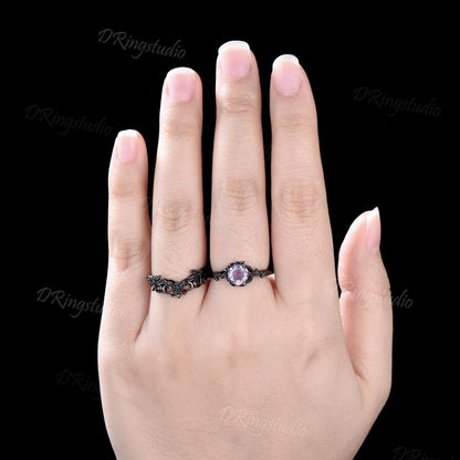 Gothic Black Textured Ring Black Gold Natural Lavender Amethyst Engagement Ring Branch Leaf Moon Wedding Ring Boho Witchy Ring Proposal Gift