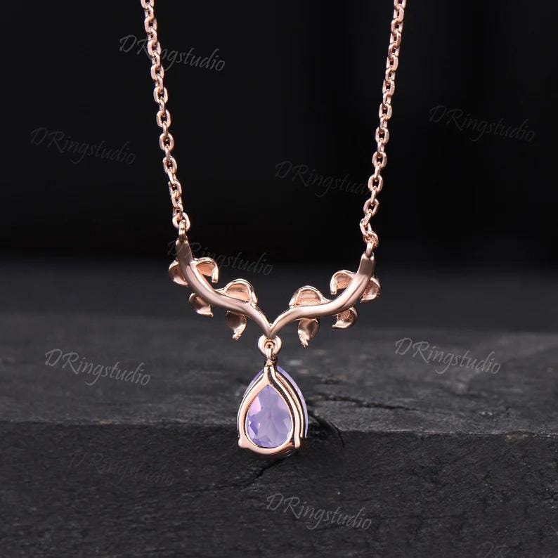 Nature Inspired Pear Lavender Amethyst Necklace 14k Rose Gold Natural Amethyst Opal Charm Pendant Twig Leaf Vine Necklace Anniversary Gift