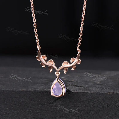 Nature Inspired Pear Lavender Amethyst Necklace 14k Rose Gold Natural Amethyst Opal Charm Pendant Twig Leaf Vine Necklace Anniversary Gift