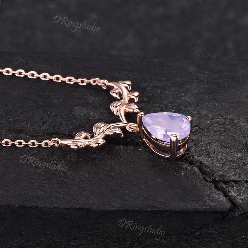 Nature Inspired Pear Lavender Amethyst Necklace 14k Rose Gold Natural Amethyst Opal Charm Pendant Twig Leaf Vine Necklace Anniversary Gift